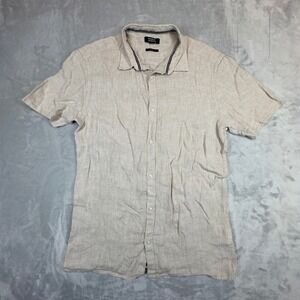 Galeries Lafayette Shirt Mens M Beige 100% Linen Short Sleeve Button Down Casual